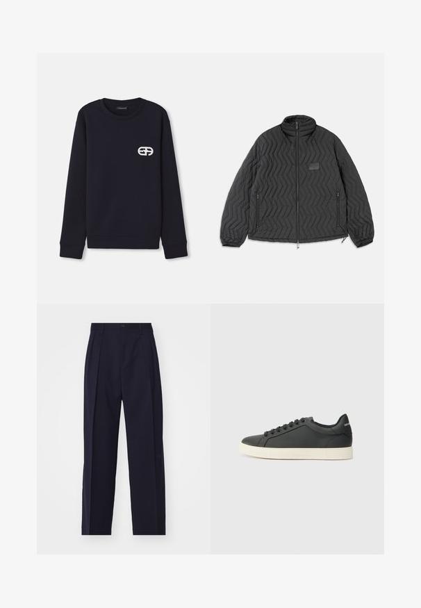 Črna prešita jakna z chevron šivi, sprednjim zadrgo, zadrgo na stranskih žepih in majhnim pravokotnim uporom na prsih.; Marinsko modra dukserica iz mešanice bombaža, z okroglo ovratnikom, rebrastimi manšeti in robom, z belim veznim logotipom na prsih.; Mornarsko modri, krojeni hlače s ravnim krojem, z gubami spredaj, zapiranjem na gumb in brez vidnih žepov. Gladka tekstura tkanine.; Črne usnjene superge z nizkim profilom, okroglo špičko in vezalkami; vsebujejo teksturiran gumijast podplat in detajl z logotipom na peti.