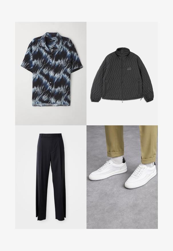 Giacca nera trapuntata con cuciture a zig zag, zip frontale, tasche laterali con zip e una piccola toppa rettangolare sul petto.; Camicia a maniche corte realizzata in tessuto leggero, caratterizzata da un motivo a zigzag blu e nero, con chiusura a bottoni e colletto a punta.; Pantaloni neri a vita alta con gamba larga, realizzati in tessuto liscio. Presentano pieghe frontali e passanti per cintura. Design minimalista, senza hardware visibile.; Sneaker bianchi con finitura in pelle testurizzata, punta arrotondata e accentuazione nera sul tallone. Suola in gomma con piccolo motivo di battistrada e dettagli cuciti.