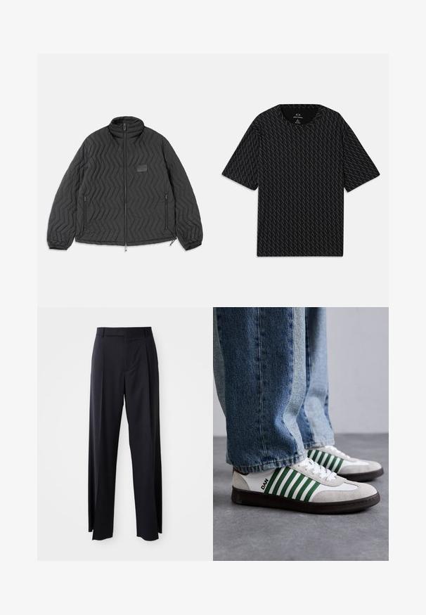 Černá prošívaná bunda s šípovým prošíváním, předním zipem, bočními kapsami na zip a malou obdélníkovou nášivkou na hrudi.; Černé tričko s texturovaným vzorem střídajících se logo 'A', krátké rukávy a kulatý výstřih. Vyrobeno z lehkého materiálu.; Černé kalhoty s vysokým pasem a širokým střihem, vyrobené z hladké látky. Mají přední sklady a poutka na opasek. Minimalistický design, bez viditelného kovového hardwaru.; Bílé a zelené tenisky vyrobené z kůže a semiše, s zelenými pruhy, bílými tkaničkami a gumovou podrážkou. Stylizováno s modrými džíny.
