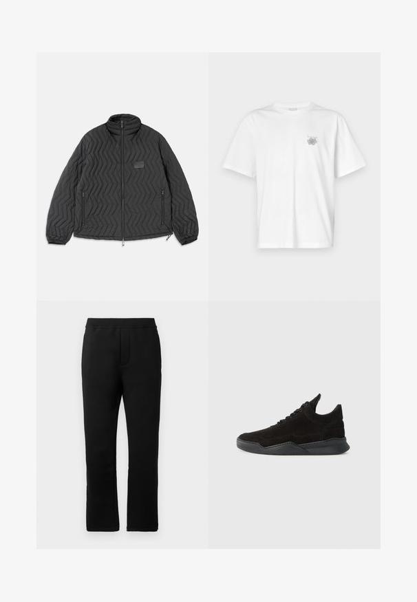 Juodas siuvinėtas švarkas su ševrono raštu, priekinis užtrauktukas, užtrauktukais uždaromos šoninės kišenės ir mažas stačiakampis ženkliukas ant krūtinės.; Balta medvilninė marškinėlių, su trumpomis rankovėmis, apykaklė nei per aukšta, nei per žema, ir mažas pilkas logotipas kairėje krūtinės pusėje. Lygi tekstūra.; Juodos sportinės kelnės su lygia tekstūra, elastinga juosmens juosta ir dviem šoninėmis kišenėmis. Tiesios kojų dizainas su švariu apdorojimu.; Juodos suedes sportiniai bateliai su žemu profiliu, tekstūruotu paviršiumi, plokščiomis raištelėmis ir tvirtu guminiu padu, turinčiu šiek tiek pakilimą ir išlenktą dizainą.