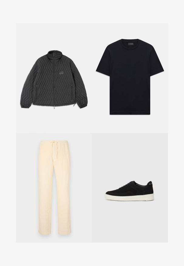 Chaqueta acolchada negra con costura en forma de chevron, cremallera frontal, bolsillos laterales con cremallera y un pequeño parche rectangular en el pecho.; Camiseta de cuello redondo de manga corta en negro con un sutil diseño de logo en relieve centrado en el pecho y una etiqueta de marca dentro del cuello.; Pantalones de un amarillo claro, holgados, fabricados en una tela suave, con una cintura elástica y cordón ajustable, y piernas rectas.; Zapatilla de ante negra con diseño de cordones y suela de goma blanca contrastante. Presenta paneles laterales texturizados y un sutil logo en el talón.
