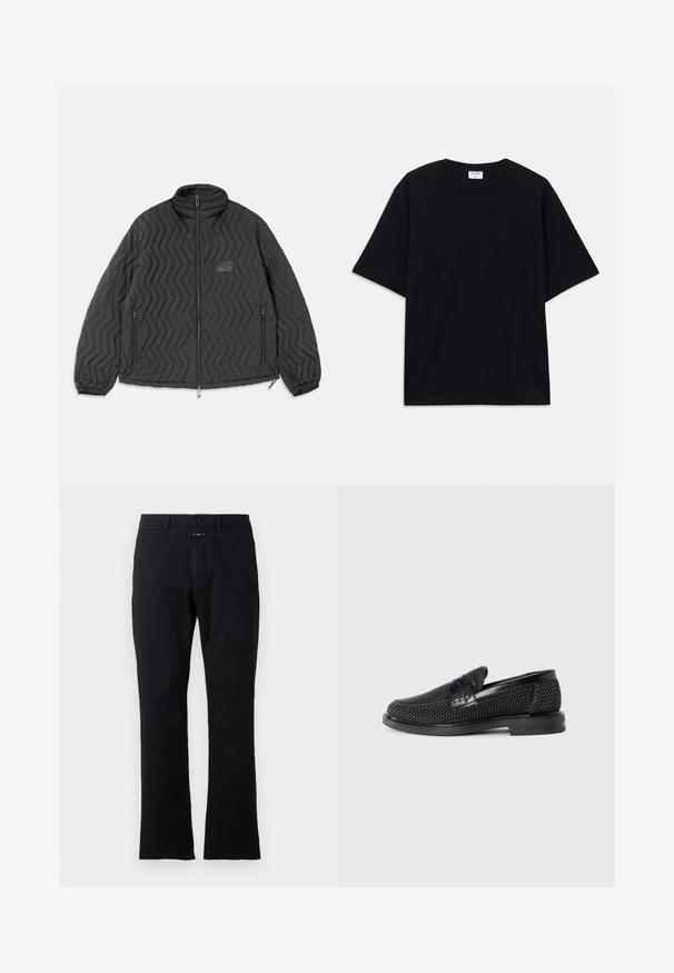 Schwarze gesteppte Jacke mit Zickzacknähten, Frontreißverschluss, seitlichen Reißverschlusstaschen und einem kleinen rechteckigen Patch auf der Brust.; Schwarzes, oversized T-Shirt mit kurzen Ärmeln und rundem Ausschnitt, mit sichtbarem Filippa K Markenlabel im Kragen.; Schwarze Baumwollhose mit geradem Bein, vorn mit Knopfverschluss und zwei Seitentaschen; glatte Textur ohne sichtbare Muster.; Schwarzer geflochtener Slipper mit einem glatten Lederakzent im Obermaterial, einem runden Zehendesign und einer flachen Gummisohle.