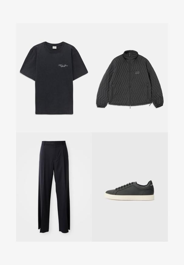 Casaco acolchoado preto com costura em zigue-zague, fecho frontal, bolsos laterais com fecho e um pequeno rectângulo em uma das peitas.; T-shirt preta de manga curta, com decote redondo e pequeno logótipo branco "Filling Pieces" no lado esquerdo do peito.; Calças pretas de cintura alta, com corte amplo, feitas de um tecido suave. Apresentam pregas frontais e passadores para cinto. Design minimalista, sem hardware visível.; Sapatilha de couro preto com perfil baixo, bico arredondado e fecho de atacadores; apresenta uma sola de borracha texturizada e detalhe do logotipo no calcanhar.