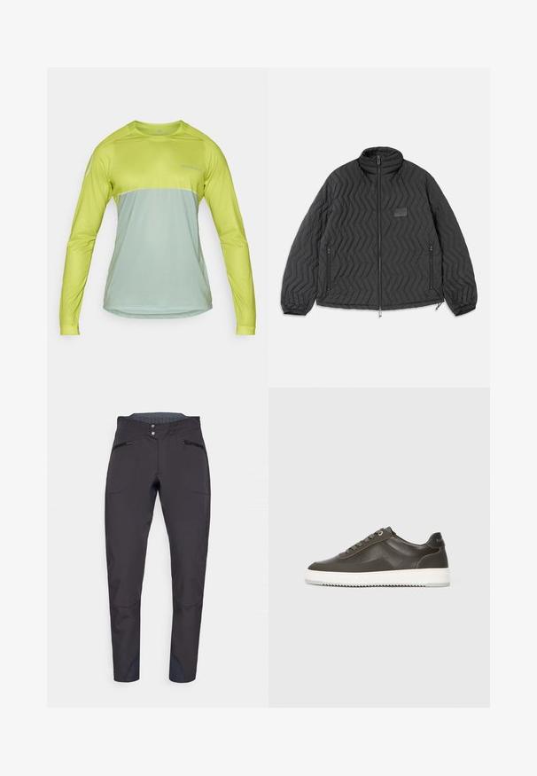 Giacca nera trapuntata con cuciture a zig zag, zip frontale, tasche laterali con zip e una piccola toppa rettangolare sul petto.; Maglietta a maniche lunghe in colore verde lime brillante e verde menta attenuato, con scollatura rotonda e un tessuto leggero e traspirante.; Pantaloni tecnici neri con vestibilità slim, dotati di tasche frontali con zip, zone del ginocchio rinforzate e vita testurizzata.; Sneaker in pelle grigia scura con una texture liscia, suola in gomma bianca, lacci piatti e un logo sottile sul tallone. Design a basso profilo.