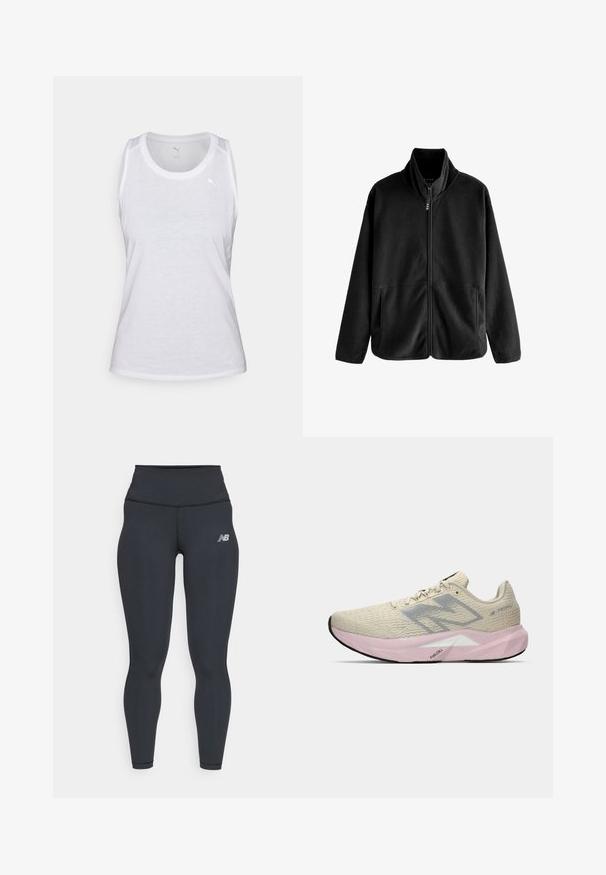 Svart fleecejacka med hög krage, framdragkedja och två sidofickor; mjuk textur och avslappnad passform.; Vit ärmlös t-shirt med rundad halsringning, tillverkad av lätt material. Har en diskret logotyp på bröstet och en mjuk textur.; Svarta tränings leggings med hög midja, med en slät yta och en liten vit New Balance-logga på låret.; Ljust beige löparskor med grå "N"-logotyp, rosa sula märkt "FuelCell" och texturerad häl, visad på en vit bakgrund.