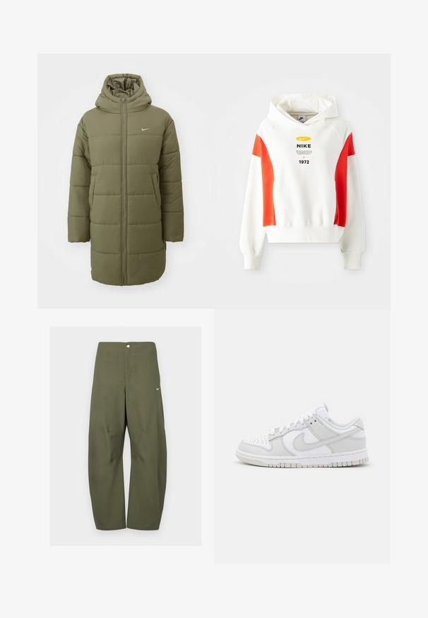 Olivazöld puffkabát kapucnival, vízszintes steppelt mintázattal, elülső cipzárral és oldalsó zsebekkel. Kicsi fehér Nike logó a mellkason.; Fehér kapucnis pulóver piros kidolgozással, zsinóros kapucnival és elülső grafikával. A mellkason logó és szöveg található. Puha anyagból készült, bordás mandzsettával és derékkal.; Olíva zöld, széles szárú nadrág könnyű anyagból, elülső gombos záródással és egy kis Nike logóval a bal oldalon.; Fehér bőr sportcipők szürke részletekkel, perforált orral, lapos fűzővel, párnázott gallérral és texturált gumitalppal.
