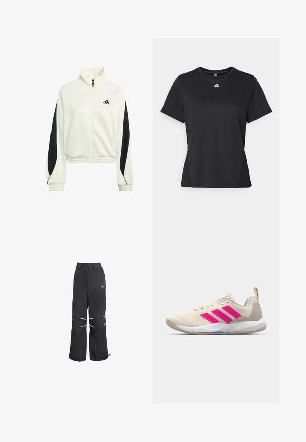 Weißer Zip-Up-Jacke mit schwarzen Akzentpaneelen, gerippten Bündchen und hohem Kragen. Enthält das Adidas-Logo auf der linken Brustseite.; Schwarzes Sport-T-Shirt mit kurzen Ärmeln, rundem Halsausschnitt und einem weißen Logo auf der Brust. Hergestellt aus glattem, dehnbarem Stoff.; Schwarze weite Hose mit reflektierenden Details an den Knien, hoher Taille mit Gürtel-Schlaufen und einem kreisförmigen Logo auf dem oberen rechten Oberschenkel.; Beige Sportsschuh mit pinkem Dreistreifen-Logo, strukturiertem Mesh-Obermaterial, gepolstertem Schaft und weißer Gummisohle, mit "LIGHTSTRIKE"-Branding.