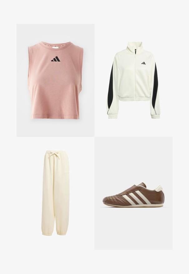 Giacca bianca con zip e pannelli neri accentati, polsini a coste e un collo alto. Presenta il logo Adidas sulla parte sinistra del petto.; Top corto rosa realizzato in tessuto morbido, con scollatura rotonda e logo Adidas nero sulla parte anteriore. Design senza maniche.; Pantaloni sportivi beige, dal taglio ampio, realizzati in morbido materiale. Presentano una vita elasticizzata con cordoncino e polsini elasticizzati alle caviglie.; adidas Originals TAEKWONDO - Scarpe senza lacci - preloved brown/off white