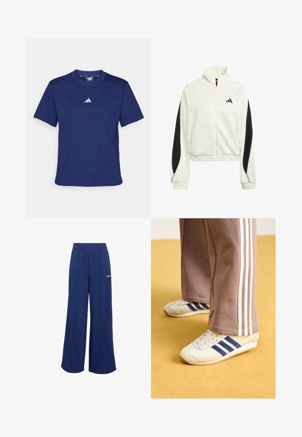 Giacca bianca con zip e pannelli neri accentati, polsini a coste e un collo alto. Presenta il logo Adidas sulla parte sinistra del petto.; Maglietta in cotone blu navy con maniche corte e collo rotondo. Presenta un piccolo logo bianco Adidas sul petto. Tessuto liscio.; Pantaloni tuta a gamba larga blu navy realizzati in tessuto morbido, dotati di una vita elastica e del logo bianco "adidas" sul lato.; Sneakers crema con strisce in suede blu, lacci bianchi e suola in gomma. Abbinati a pantaloni sportivi grigi con strisce laterali bianche.