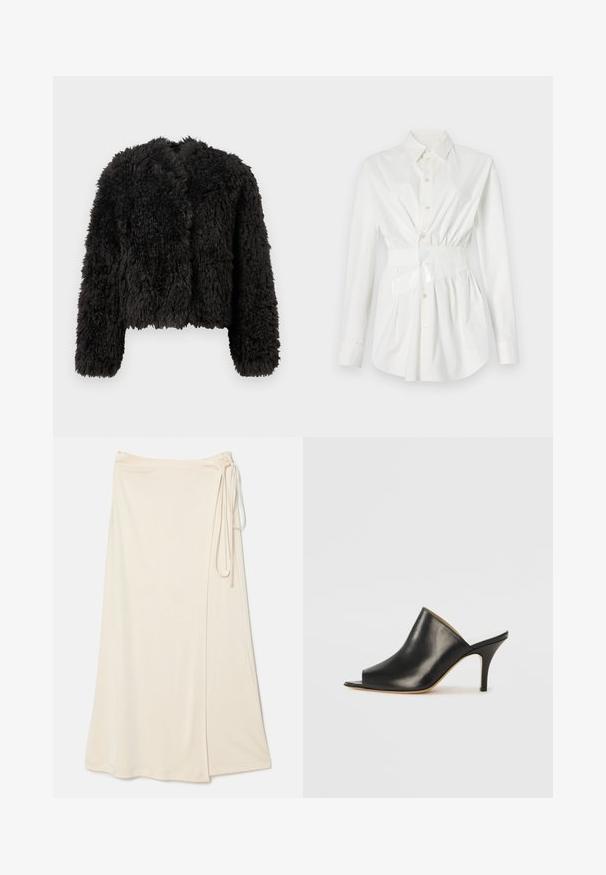 Crna bujna lažna krznena jakna s dugim rukavima i skraćenim, open-front dizajnom na jednobojnoj pozadini.; Bijela košulja na dugim rukavima s prilagođenim strukom i sjajnim akcentom u obliku remena. Izrađena od glatkog, laganog materijala.; Bež suknja omotnica napravljena od glatkog, laganog materijala, s vezivanjem na struku i bočnim prorezom za lakše kretanje.; Crne kožne mule otvorenih prstiju s elegantnim, zakrivljenim dizajnom, visokim štiklama i glatkom teksturom. Unutrašnjost sadrži kontrastnu svijetlu boju.