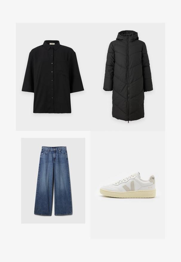 Geacă puffer lungă, neagră, cu fermoar pe față, glugă și model în formă de zigzag. Are mâneci largi și o textură netedă, izolată.; Cămașă scurtă cu mâneci negre, cu nasturi, fabricată dintr-un material subțire. Dispune de un guler clasic și un singur buzunar pe piept. Textură netedă.; Blugi din denim albastru cu picioare largi, având un finisaj uzat, cu închidere prin buton și fermoar, cinci buzunare și curea.; Pantofii sport din piele albă cu accente din suede bej, cutie pentru degete perforată, șireturi plate și o talpă texturată de crem. Prezintă branding subtil pe călcâi.