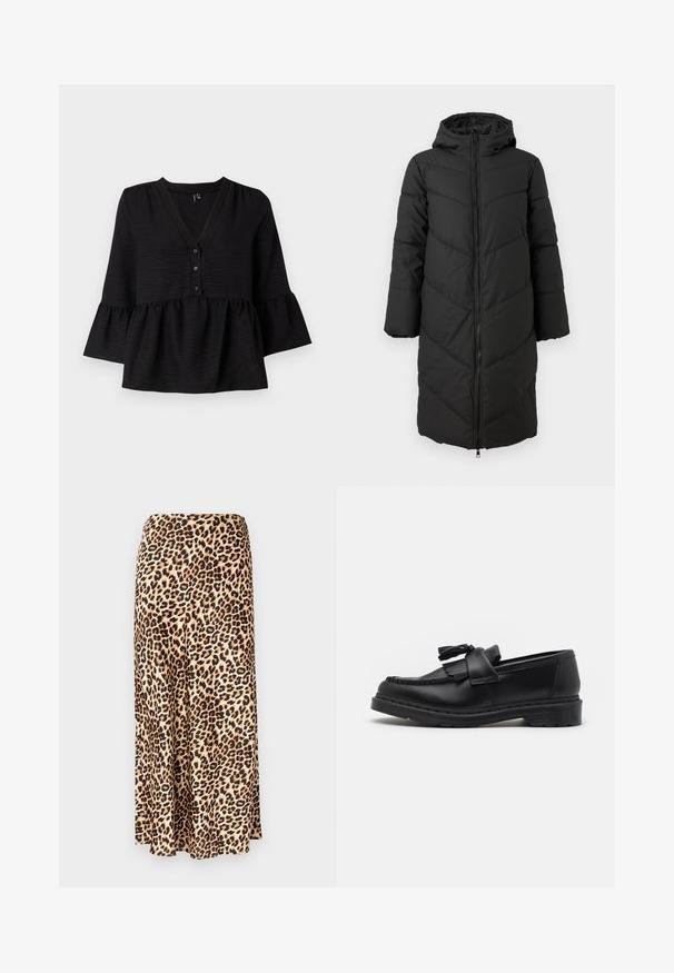 Černý dlouhý péřový kabát se zipem vpředu, kapucí a vzorem ve tvaru šípu. Má široké rukávy a hladký, izolační materiál.; Černá blůza s výstřihem do V, knoflíkovým zapínáním a rozšířenými rukávy s volánkovým lemem. Vyrobena z texturované látky s volným střihem.; Dlouhá sukně s leopardím potiskem vyrobená z hladkého materiálu. Béžový základ s černými a hnědými skvrnami. Rozšířený design se rovnými lemy.; Černé kožené mokasíny s třásněmi, prošívanými detaily podél okraje a silnou gumovou podrážkou pro zvýšenou odolnost.