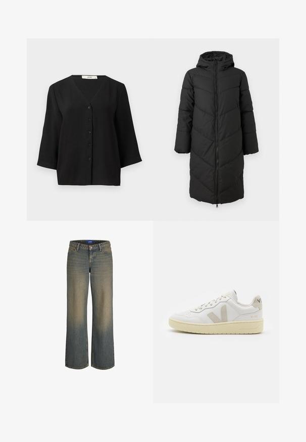 Sort lang pufferjakke med lynlås foran, hætte og chevronmønster. Har brede ærmer og en glat, isoleret tekstur.; Sort kortærmet skjorte med knaplukning og V-hals, har et tekstureret stof og seks sorte knapper foran.; Bredde ben blå denim jeans med en lys til mørk gradient, fem-lomme design og lukning med knap. Syede detaljer på kanterne.; Hvide lærreds sneakers med beige ruskindsdetaljer, perforeret tåboks, flade snørebånd og en struktureret cremefarvet sål. Har diskret branding på hælen.