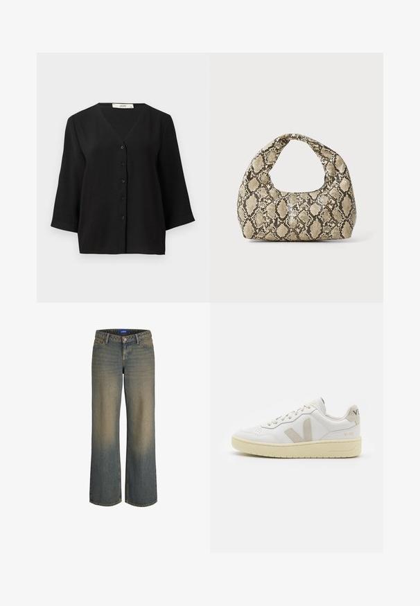 Czarna długa kurtka puchowa z zamkiem z przodu, kapturem i wzorem w zygzak. Posiada szerokie rękawy oraz gładką, izolowaną teksturę.; Czarna krótkozasięgowa koszula z guzikami z dekoltem w szpic, wykonana z teksturowanej tkaniny, z sześcioma czarnymi guzikami z przodu.; Szerokie niebieskie dżinsy z gradientem od jasnego do ciemnego, pięciokieszonkowy fason i zapięcie na guzik. Szyć szczegóły na brzegach.; Białe skórzane trampki z beżowymi zamszowymi akcentami, perforowanym noskiem, płaskimi sznurowadłami i teksturowaną kremową podeszwą. Posiadają subtelne logo na pięcie.; Torebka w wężowy wzór z zakrzywionym uchwytem. Wykonana z teksturowanych, beżowych i brązowych materiałów, z charakterystycznym wzorem w diamenty.
