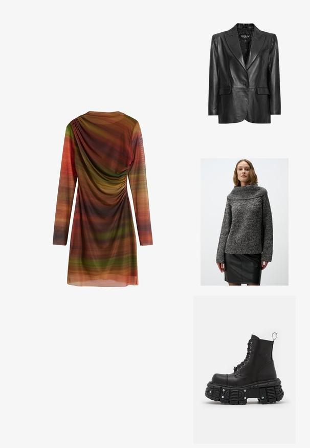 Schwarze Lederblazer mit Reverskragen, einem einzigen Knopfverschluss, zwei Fronttaschen und strukturiertem Futter. Mit einer taillierten Passform gestaltet.; Großer Strickpullover in Dunkelgrau und Schwarz mit einem breiten, umgeschlagenen Kragen und langen Ärmeln, kombiniert mit einem schwarzen Lederrock.; Langärmliges Kleid aus leichtem Stoff mit mehrfarbigen horizontalen Streifen in Grüntönen, Orange und Braun; mit gerafften Details.; Schwarze Lederkampfstiefel mit hohem Schaft, Schnürverschluss, robuster Gummisohle und Metallakzenten an der Unterseite der Sohle.