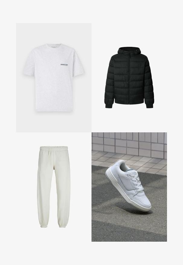 Chaqueta de plumas negra con capucha, que presenta un diseño acolchado, cremallera frontal y puños elásticos. Textura suave y material ligero.; Camiseta gris de manga corta con un pequeño logo azul "project core" en el lado izquierdo del pecho, presentada sobre un fondo liso.; Pantalones de chándal blancos hechos de una tela suave, con cinturilla y puños elásticos, que presentan una textura suave y un diseño holgado.; Zapatilla blanca de cuero con lados perforados, acentos texturizados, cordones planos y un talón gris en contraste. Presenta una suela ligeramente elevada.