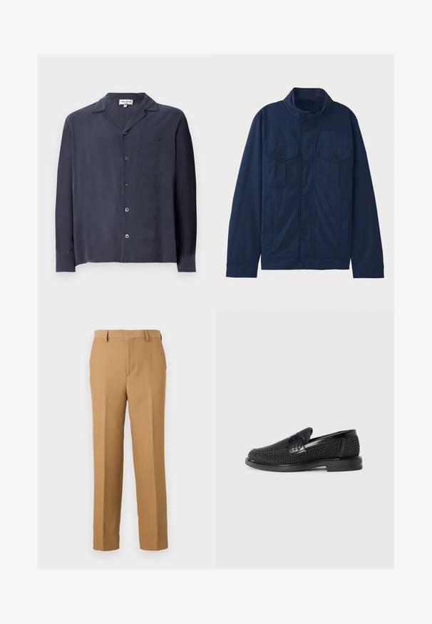 Giacca blu navy in cotone, con colletto alto, due tasche frontali e chiusura a bottoni a pressione. Texture liscia con un design strutturato.; Camicia blu navy con bottoni realizzata in tessuto liscio, con colletto, maniche lunghe, taschino sul petto e bottoni in tono argento.; Pantaloni beige in tessuto tessuto, con taglio dritto, frontale piatto e passanti per cintura. Texture liscia senza motivi visibili.; Scarpa nera a mocassino intrecciata con un accentuato in pelle liscia sulla parte superiore, design a punta rotonda e suola in gomma a profilo basso.