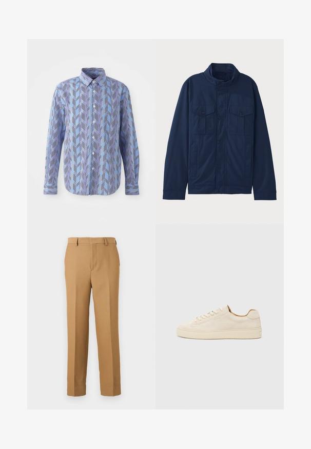 Tengerészkék pamut dzseki, álló gallérral, két elülső zsebbel és patentos záródással. Simas texture és struktúrált dizájn jellemzi.; Gombos ing kék és lila cikk-cakk mintázattal, függőleges fekete csíkokkal, hosszú ujjakkal és klasszikus gallérral.; Vékony, szőtt anyagból készült bézs szövetnadrág, amely egyenes szabású, sima elülső résszel és övpántokkal rendelkezik. Sima textúrával rendelkezik, látható minták nélkül.; Beige velúr sportcipő alacsony fazonban, kerek orral, lapos fűzőkkel és texturált gumitalppal. Minimalista stílus, látható logók nélkül.