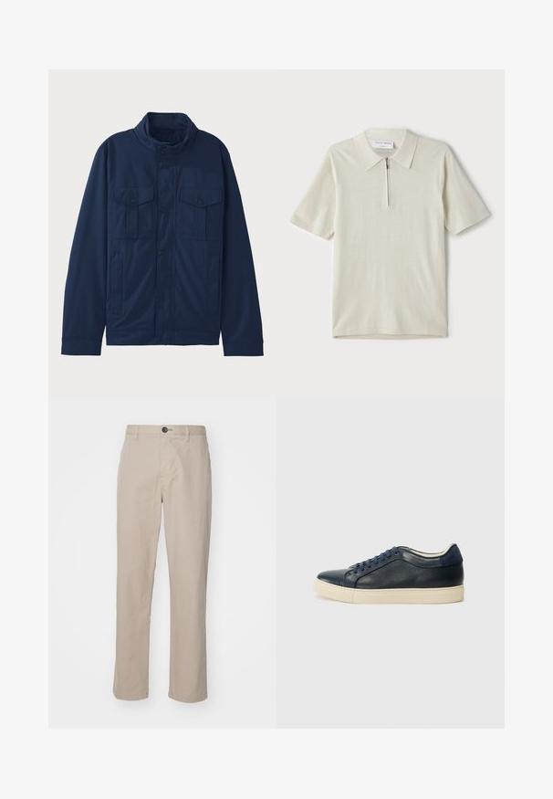 Marineblaue Jacke aus Baumwolle mit Stehkragen, zwei Fronttaschen und Druckknopfverschluss. Glatte Textur mit strukturiertem Design.; Kurzärmliges Poloshirt in hellbeige mit Reißverschlusskragen. Hergestellt aus glattem Stoff, bietet es ein einfaches, modernes Design ohne Muster.; Beige gerade geschnittene Hosen aus leichtem Material, mit einem Knopfverschluss und dezenten Nahtdetails. Flacher Front mit seitlichen Taschen.; Dunkelblaues Leder-Sneaker mit cremefarbener Gummisohle, ausgestattet mit blauen Schnürsenkeln und einer glatten Textur. Abgerundete Zehenpartie und minimalistisches Design.