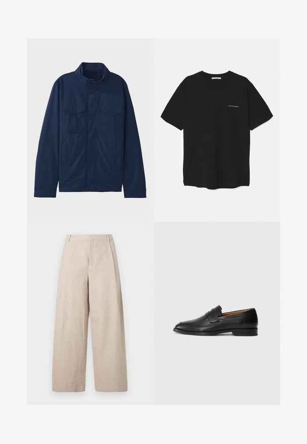 Granatowa kurtka wykonana z bawełny, z kołnierzem stojącym, dwiema przednimi kieszeniami i zapięciem na napy. Gładka tekstura z wyraźnie zarysowanym krojem.; Czarny bawełniany T-shirt z okrągłym dekoltem, krótkimi rękawami i białym nadrukiem logo na lewej piersi. Prosty, jednolity kolor.; Holzweiler ALEX mleczny; Czarne skórzane mokasyny z zaokrąglonym noskiem, subtelnymi przeszyciami i niskim obcasem, charakteryzujące się gładką teksturą i minimalistycznym designem.