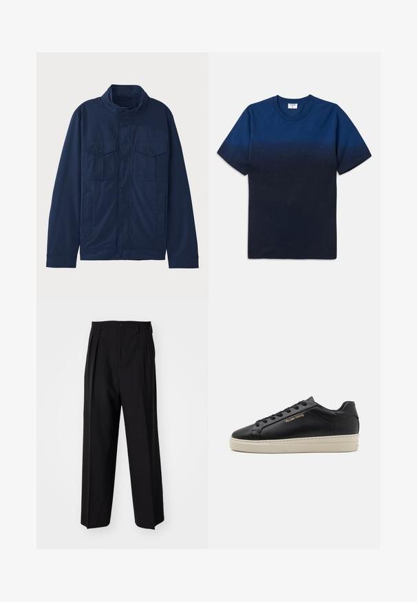 Mørkeblå jakke laget av bomull, med oppstående krage, to frontlommer og trykknapp-lukking. Jevn tekstur med en strukturert design.; Marineblå bomull T-skjorte med rund hals, korte ermer, og et subtilt gradientdesign som går fra lysere til mørkere nyanser.; Sorte plissert bukser med en rett, bred benform. Laget av glatt stoff, med knappelukking og beltehemper.; Svart lær sneaker med jevn finish, kontrasterende kremfarget såle, rund tå, gulllogo på siden og seks hull for lisser.