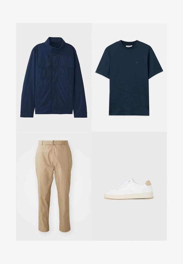 Mørkeblå jakke laget av bomull, med oppstående krage, to frontlommer og trykknapp-lukking. Jevn tekstur med en strukturert design.; Mørkeblå bomull t-skjorte med rund hals, korte ermer og en subtil logo trykket på brystet. Jevn tekstur og klassisk passform.; Beige chinos i en glatt bomullsblandning, med smal passform, slät front, bältesöglor och en enkel silverspänne i minimalistisk design.; Hvite lave sneakers med overdel i teksturert skinn, kremfarget såle med ribber og en brunt fargeklatt på hælen. Har hvite lisser og logodetalj på hælen.