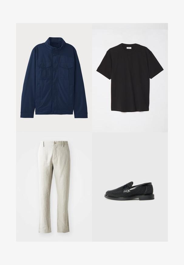 Marineblaue Jacke aus Baumwolle mit Stehkragen, zwei Fronttaschen und Druckknopfverschluss. Glatte Textur mit strukturiertem Design.; Schwarzes Baumwoll-T-Shirt mit Rundhalsausschnitt, kurzen Ärmeln und lockerer Passform. Einfaches Design, glatte Textur und keine sichtbaren Muster oder Logos.; Helle beige Leinenhosen mit geradem Schnitt, subtiler Textur, vorderer Knopfverschluss und zwei Seitentaschen. Maßgeschneidert für eine saubere Silhouette.; Schwarzer geflochtener Slipper mit einem glatten Lederakzent im Obermaterial, einem runden Zehendesign und einer flachen Gummisohle.