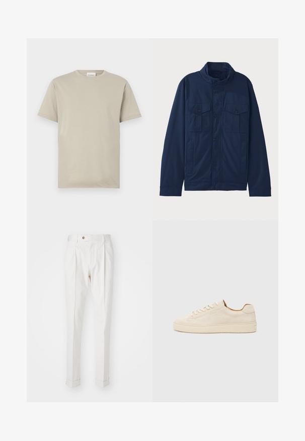 Marineblauwe jas van katoen, met een staande kraag, twee voorzakken en drukknoopsluiting. Soepele textuur met een gestructureerd ontwerp.; Beige katoenen t-shirt, korte mouwen, ronde hals, effen kleur zonder patronen, relaxed fit, met een label met de tekst "CLOSED" bij de halslijn.; Witte, op maat gemaakte broeken met een platte voorkant, twee plooien en omgeslagen pijpen. Gemaakt van een gladde stof met een knoopsluiting in de taille.; Beige suède sneaker met een low-top ontwerp, ronde neus, platte veters en een gestructureerde rubberen zool. Minimalistische stijl zonder zichtbare logo's.
