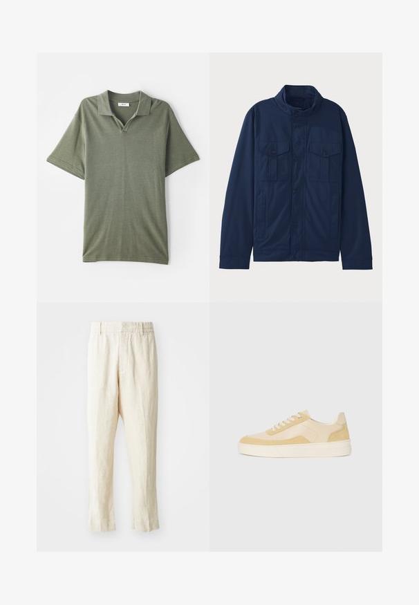 Chaqueta azul marino de algodón, con cuello alzado, dos bolsillos frontales y cierre de botones a presión. Textura suave con un diseño estructurado.; Polo de manga corta en verde oliva con cuello y tejido texturizado. Presenta una abertura en forma de V y un corte relajado.; Pantalones de lino beige con un ajuste holgado, piernas entalladas y parte delantera plana. Presentan una cintura elástica para comodidad y un mínimo detalle de costura.; Zapatillas de ante y piel en un amarillo claro, con una suela acolchada y acentos cosidos. Diseño clásico de cordones con punta redondeada.