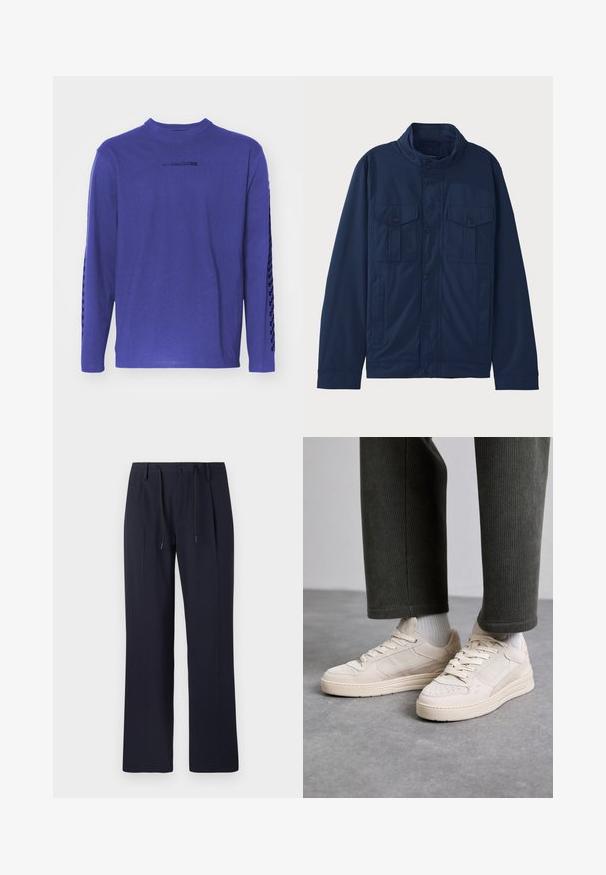 Marineblaue Jacke aus Baumwolle mit Stehkragen, zwei Fronttaschen und Druckknopfverschluss. Glatte Textur mit strukturiertem Design.; Lila langärmliges T-Shirt aus Baumwolle mit Rundhalsausschnitt und einem gemusterten Akzent entlang der Ärmel sowie einem Logo auf der Brust.; Marineblaue Hose mit geradem Bein, aus strukturiertem Stoff. Verfügt über einen Knopfverschluss vorne und einen verstellbaren Kordelzugbund.; Beige Sneaker aus Wildleder und Mesh, mit durchlochten Akzenten, flachen Schnürsenkeln und einer dicken Sohle. Getragen mit grünen Cordhosen.