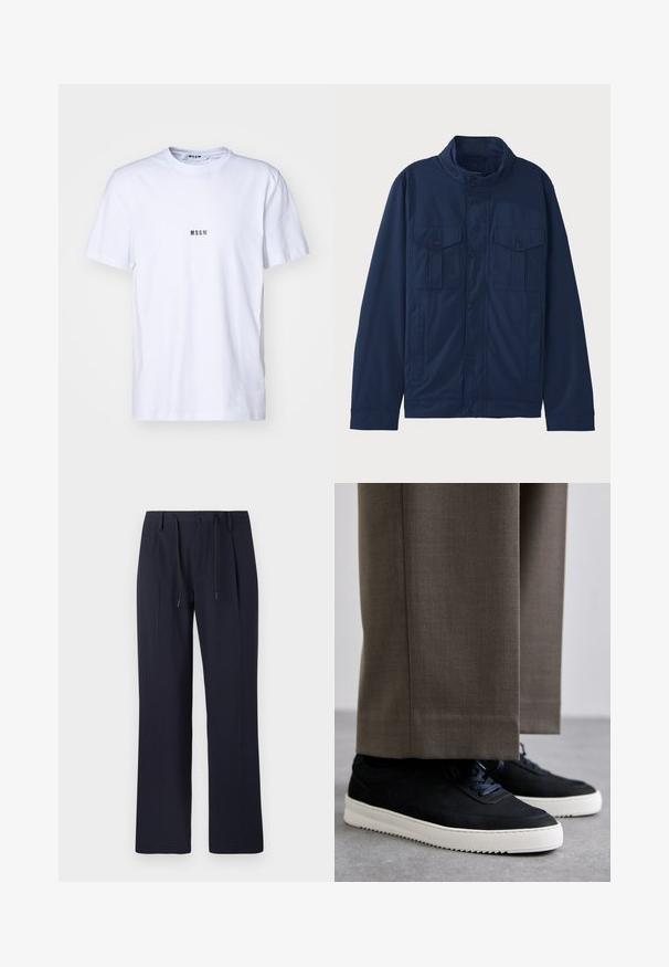 Marineblaue Jacke aus Baumwolle mit Stehkragen, zwei Fronttaschen und Druckknopfverschluss. Glatte Textur mit strukturiertem Design.; Weißes Baumwoll-T-Shirt mit rundem Ausschnitt, kurzen Ärmeln und einem kleinen schwarzen "MSGM"-Logo, das auf der Vorderseite gedruckt ist. Glatte Textur.; Marineblaue Hose mit geradem Bein, aus strukturiertem Stoff. Verfügt über einen Knopfverschluss vorne und einen verstellbaren Kordelzugbund.; Schwarze Wildleder-Sneaker mit weißen Gummisohlen, mit einer abgerundeten Zehenpartie und Schnürsenkeln, getragen zu grauen maßgeschneiderten Hosen.