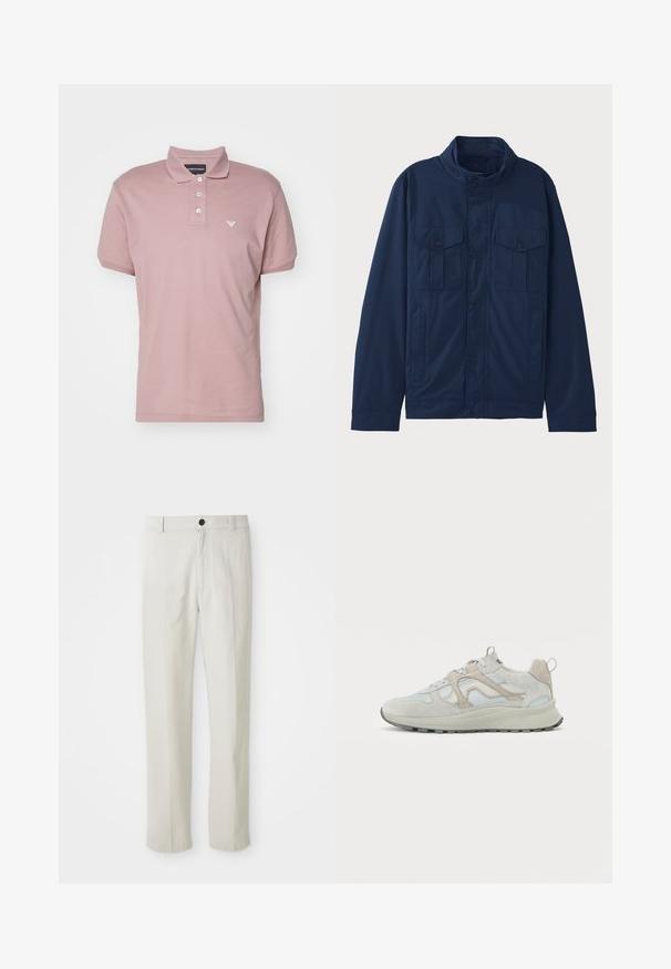 Granatowa kurtka wykonana z bawełny, z kołnierzem stojącym, dwiema przednimi kieszeniami i zapięciem na napy. Gładka tekstura z wyraźnie zarysowanym krojem.; Emporio Armani - Koszulka polo; Beżowe spodnie o prostym kroju z paskiem, z zapięciem na guziki z przodu i suwakiem, wyeksponowane na białym tle.; Szare i jasnoniebieskie buty sportowe wykonane z zamszu i siateczki, z teksturowaną podeszwą, kontrastującymi akcentami oraz pętelką na pięcie.