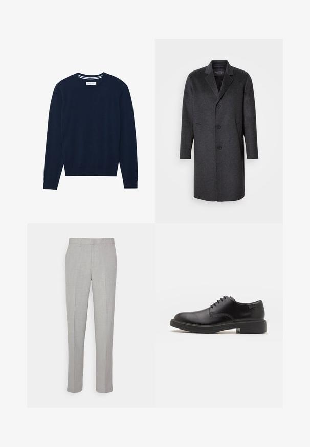 Donkergrijze wollen overjas met een geknoopte revers, drie knopen, twee zijzakken en een rechte pasvorm. Soepele textuur en gestructureerd ontwerp.; Marineblauwe gebreide trui met een ronde halslijn, lange mouwen en ribgebreide manchetten. Bevat een contrasterend gestreept detail op de kraag.; Lichtgrijze broek met een gladde textuur, platte voorkant en rechte pijpen. Gemaakt van ademend materiaal, met interne zakken en riemlussen.; Zwarte leren veterschoen met een ronde neus, een gladde textuur, minimale stiksels en een lage rubberen hak. Logo op de hak.