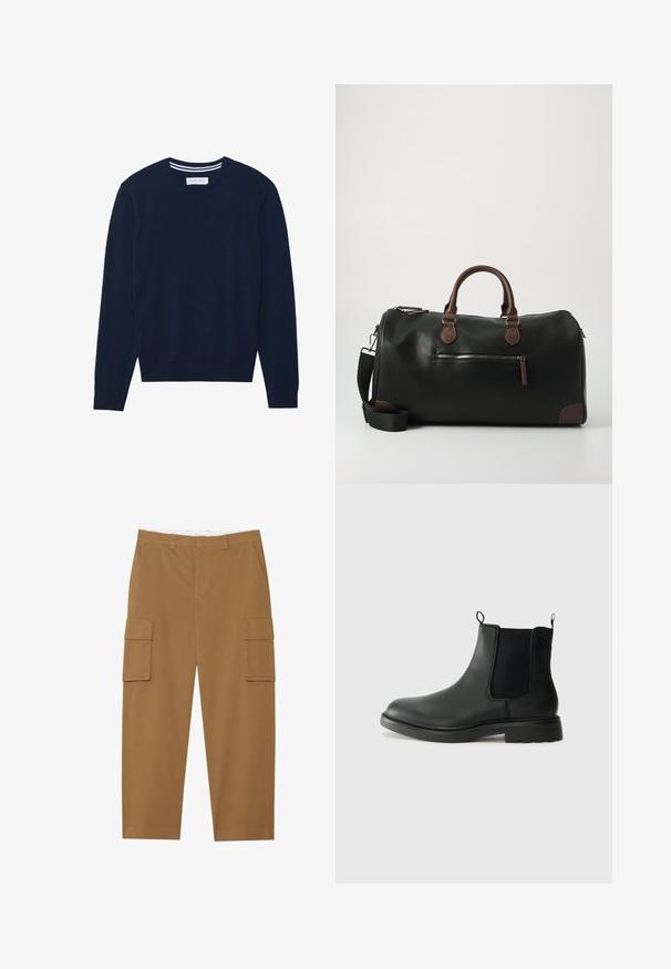 Cappotto in lana grigio scuro con rever a punta, tre bottoni, due tasche laterali e silhouette dritta. Texture liscia e design strutturato.; Maglione a maglia blu navy con scollo rotondo, maniche lunghe e polsini a costine. Presenta un dettaglio a righe in contrasto sul colletto.; Pantaloni cargo marroni con due tasche laterali, fronte piatto e taglio dritto. Realizzati in un tessuto durevole con una texture liscia.; Stivali Chelsea in pelle nera con pannelli laterali elasticizzati, linguette, punta arrotondata e suola in gomma testurizzata. Superficie liscia e design robusto.; Borsa da viaggio in pelle nera con dettagli marroni, dotata di due manici, una tracolla regolabile e una tasca frontale con zip.