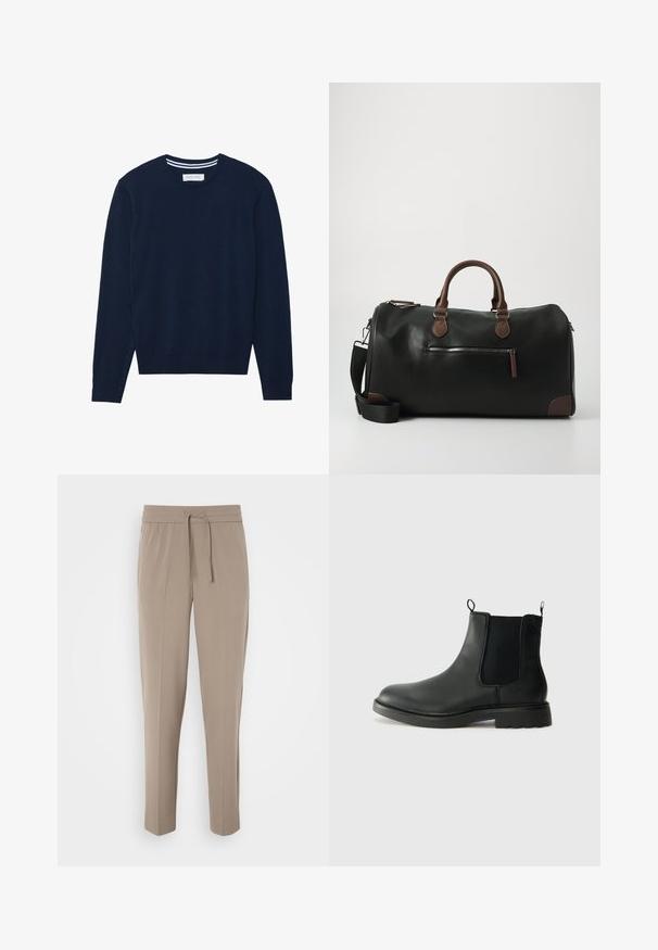 Tmavě šedý vlněný kabát s klopovým límcem, třemi knoflíky, dvěma bočními kapsami a rovnou siluetou. Hladká textura a strukturovaný design.; Tmavě modrý pletený svetr s kulatým výstřihem, dlouhými rukávy a žebrovanými manžetami. Obsahuje kontrastní pruhované detaily na límci.; Světlé béžové kalhoty s elastickým pasem, nastavitelnou šňůrkou a zúženými nohavicemi. Tkanina vypadá hladce s jemným leskem.; Černé kožené chelsea boty s elastickými bočními panely, poutky na patě, kulatou špičkou a strukturovanou gumovou podrážkou. Hladký povrch a robustní design.; Černá kožená cestovní taška s hnědými detaily, která má dva popruhy, nastavitelný ramenní popruh a přední kapsu na zip.