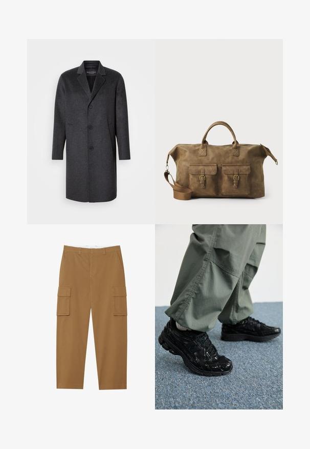 Tamno sivi vuneni kaput s sječanjem na rever, tri gumba, dva bočna džepa i ravni kroj. Glatka tekstura i strukturirani dizajn.; Bijela dugopruga majica s dugim rukavima od pamuka. Dizajn s okruglim izrezom, rebrastim manžetama i malim logotipom na lijevom rukavu. Glatka tekstura.; Smeđe cargo hlače s dva bočna džepa, ravnim prednjim dijelom i ravnim krojem. Izrađene su od izdržljive tkanine s glatkom teksturom.; Crni atletski tenisice s sjajnim i mrežastim teksturama, s debelim đonom i vezicama, u kombinaciji s opuštenim cargo hlačama u maslinastoj boji.; Smeđi kožni putni kovčeg s dva prednja džepa, podesivim remenom za rame, zlatnim detaljima i čvrstim gornjim ručkama. Glatka tekstura.