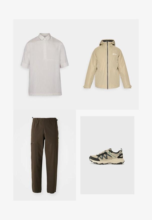 Bežna vodoodporna jakna s kapuco, sprednjim zadrgo, dvema stranskima žepoma in logotipom na levem prsnem delu, ki se ponaša z gladko teksturo in minimalnim dizajnom.; Kratka majica s ovratnikom iz lahkega bež lanu. Ima pol gumbov in subtelno teksturo. Čist, minimalističen dizajn.; Jack Wolfskin PRELIGHT TRAIL PANTS - Hlače za na prostem - peat; Columbia PEAKFREAK RUSH - Pohodniški čevlji - tan/metal coloured