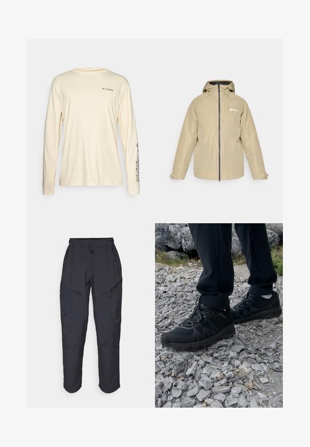 Vaaleanbeige vedenpitävä takki hupulla, etuvetoketjulla, kahdella sivutaskulla ja logolla vasemmassa rinnassa, jossa on sileä pinta ja minimalistinen muotoilu.; Vaaleanbeige pitkähihaisessa paidassa on sileä kangas, pyöreä kaula-aukko, rintalogo ja brändäys vasemmassa hihassa.; Mustat cargo-housut, jotka on valmistettu kevyestä, vettä hylkivästä materiaalista; niissä on joustava vyötärö, useita vetoketjullisia taskuja ja kapenevat lahkeet.; Mustat ulkokengät, joissa on verkko- ja synteettinen materiaali, teksturoitu päällinen, varma nauhoitusjärjestelmä ja kestävä pohja kivikkoisella maastolla.