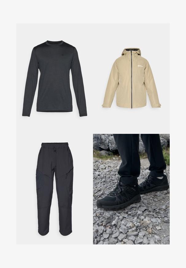 Bež jakna otporna na vodu s kapuljačom, prednjim zatvaračem, dva bočna džepa i logotipom na lijevoj strani prsa, s glatkom teksturom i minimalističkim dizajnom.; Dugmad rukava u tamnosivoj tkanini, s okruglim izrezom i diskretnim detaljom logotipa. Glatka tekstura s prilagođenim krojem.; Crne cargo hlače izrađene od laganog, vodootpornog materijala; imaju elastičnu utakmicu u struku, više munje na džepovima i sužene nogavice.; Crne vanjske cipele s mrežastim i sintetičkim materijalom, s teksturiranim gornjim dijelom, osiguranim sustavom vezanja i čvrstim potplatom, na stjenovitom terenu.