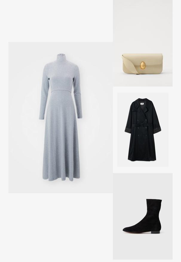 Fekete trench kabát dupla gombolású dizájnnal, széles hajtókákkal, övvel ellátott derékkal és kontrasztos selyem mandzsettákkal. Simább textúra.; Szürke, hosszú ujjú ruha magas nyakkal, testhez simuló felső résszel és lebegő szoknyával, puha, texturált anyagból készült. Az varrássorok definiált sziluettet hoznak létre.; Fekete velúr bokacsizma, illeszkedő szárral, hegyes orral és alacsony blokk sarokkal. Simább felület és minimalista dizájn, amely sokoldalú stílushoz megfelelő.; Beige bőrtáska sima textúrával, téglalap alakban, arany ovális zárral. Hosszú, állítható pánttal rendelkezik.