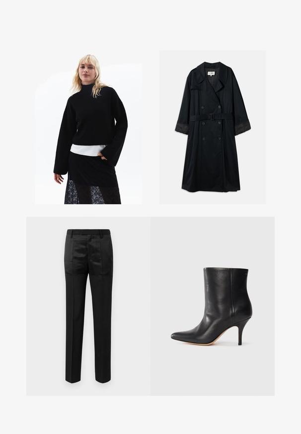 Schwarzer Trenchcoat mit einem doppelt gefütterten Design, breiten Revers, tailliertem Gürtel und kontrastierenden Satinmanschetten. Glatte Textur.; Schwarzer Strickpullover mit hohem Kragen und weiten Ärmeln, schichtweise über einem weißen Oberteil getragen, kombiniert mit einem transparenten schwarzen Spitzrock.; Schwarze maßgeschneiderte Hosen mit geraden Beinen und einem Bund mit Gürtelschlaufen, ausgestattet mit einer Mischung aus matten und glänzenden Stoffpaneelen.; Schwarze Leder-Ankle Boots mit spitzem Zeh, schlankem Stiletto-Absatz und glatter Textur. Minimalistisches Design ohne sichtbare Beschläge oder Akzente.
