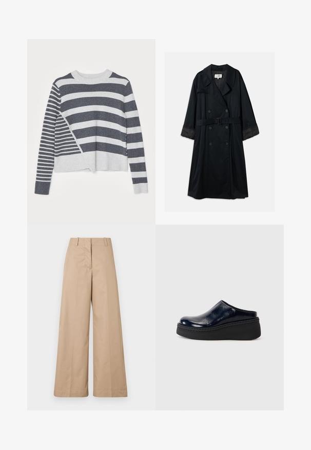 Czarny płaszcz trench z podwójnym zapięciem, szerokimi klapami, paskiem w talii oraz kontrastującymi satynowymi mankietami. Gładka tekstura.; Sweter w paski z okrągłym dekoltem, z mieszanką ciemnoszarych i jasnoszarych poziomych pasów o różnych szerokościach oraz miękkim wykończeniu.; Beżowe spodnie o szerokich nogawkach z gładkiej bawełny, z dopasowaną talią i płaskim przodem, zaprojektowane z myślą o luźnym kroju i czystych liniach.; Granatowe klapki z lakierowanej skóry o gładkim wykończeniu, posiadające grubą czarną platformę oraz widoczne przeszycia wzdłuż podstawy.