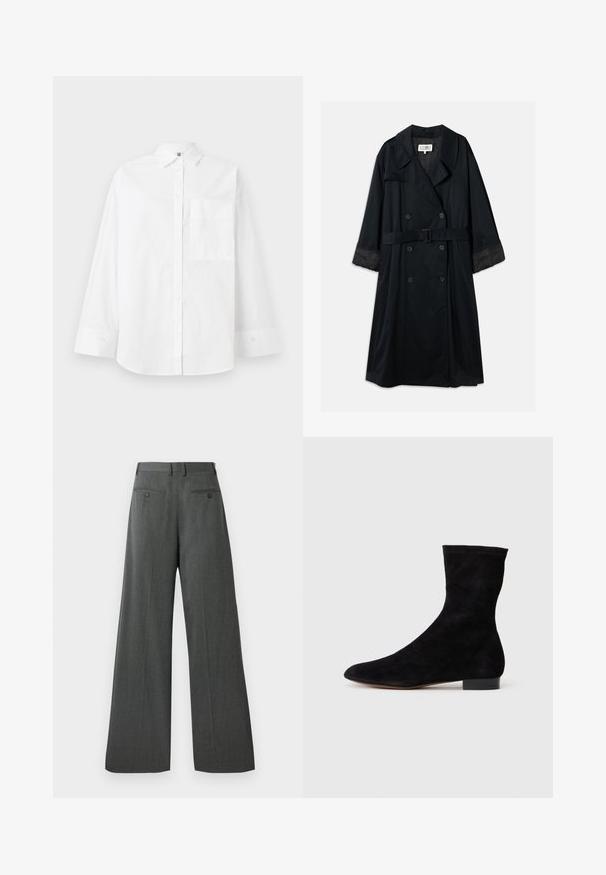 Must beeline mantel, millelülitatud ja kahe rea nupukestega, laiad õlavarre lapid, vöödiga talje ja kontrastsed satiinist mansetid. Sile tekstuur.; Valge puuvillane särk, millel on pikkade varrukatega, kaelus ja üks rindade tasku. Sile tekstuur, klassikaline disain.; Laiad püksid tumedast hallist kangast. Omab siledaid tekstuure, kahte tagumist taskut nööbiga sulgemisega ja klassikalist vööd.; Musthave mustan nahast pahkluu saabas, millel on kitsas vars, terav nina ja madal plokk-konts. Pehme tekstuur ja minimalistlik disain, sobib mitmekesiseks stiliseerimiseks.
