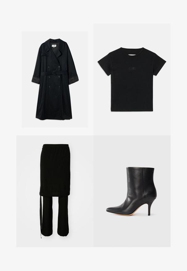 Czarny płaszcz trench z podwójnym zapięciem, szerokimi klapami, paskiem w talii oraz kontrastującymi satynowymi mankietami. Gładka tekstura.; Czarna bawełniana koszulka z krótkim rękawem, okrągłym dekoltem i małym graficznym nadrukiem w jaśniejszym odcieniu z przodu.; Czarny dwuczęściowy zestaw składający się z długiej spódnicy z bocznym wiązaniem i luźnych spodni. Wykonany z gładkiego materiału o zwiewnym kroju.; Czarne skórzane botki za kostkę z wyciągniętym noskiem, smukłym obcasem w stylu stiletto i gładką teksturą. Minimalistyczny design bez widocznych elementów metalowych czy akcentów.