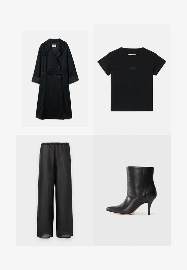 Palton negru cu un design cu dublă deschidere, rever largi, talie cu curea și manșete contrastante din satin. Textură netedă.; Tricou din bumbac negru, cu mâneci scurte, decolteu rotund și un mic imprimeu grafic într-o nuanță mai deschisă pe față.; Pantaloni negri cu picioare largi, confecționați dintr-un material ușor, semi-transparent, cu talie elastică. Designul prezintă o siluetă fluidă și relaxată.; Botină neagră din piele cu vârf ascuțit, toc subțire de tip stiletto și textură netedă. Design minimalist fără hardware sau accente vizibile.