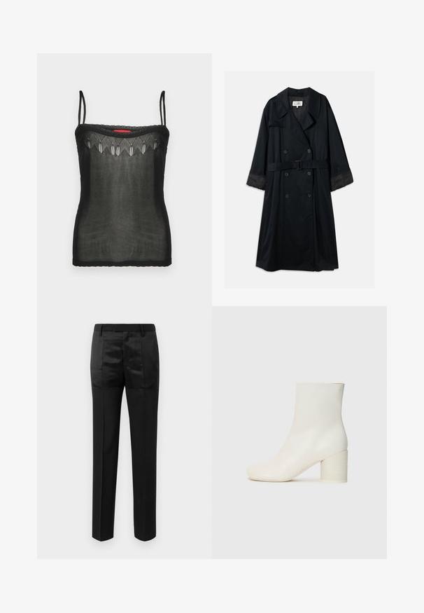 Black trench coat featuring a double-breasted design, wide lapels, belted waist, and contrasting satin cuffs. Smooth texture.; Black camisole top made of sheer fabric, featuring delicate embroidered details along the neckline and thin adjustable straps.; Black tailored trousers with straight legs and a waistband with belt loops, featuring a mix of matte and shiny fabric panels.; White leather ankle boot with rounded toe and chunky cylindrical heel. Smooth texture, minimal design, no visible hardware or patterns.