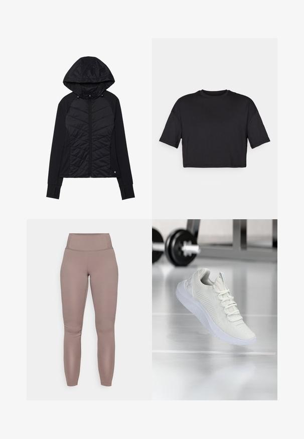 Black jacket featuring a quilted design on the front, soft fabric, zip closure, and a hood with snaps. Includes thumbholes on cuffs.; Black cropped t-shirt made of soft fabric, featuring a round neckline and short, wide sleeves, with a simple, seamless design.; High-waisted, form-fitting leggings in a solid taupe color, featuring smooth, stretchy fabric and a clean, seamless design.; White athletic sneaker with a textured mesh upper and lacing system, featuring a cushioned white sole and subtle ribbed accents.