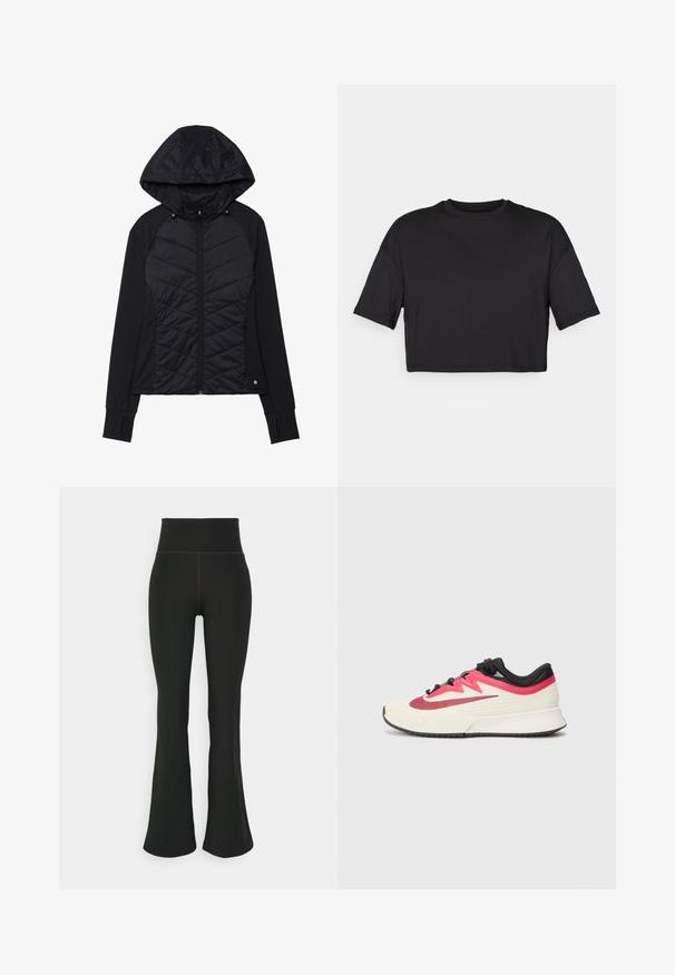Chaqueta negra con un diseño acolchado en el frente, fabricada en tejido suave, con cierre de cremallera y capucha con botones a presión. Incluye agujeros para los pulgares en los puños.; Camiseta negra corta hecha de tejido suave, con un escote redondo y mangas cortas y amplias, con un diseño simple y sin costuras.; Leggings negros acampanados con una cinturilla alta, hechos de un material elástico. Textura suave con detalles de costura mínimos.; Zapatilla de running con parte superior crema, acentos rojos y negros, y superficie texturizada. Presenta cordones negros y una suela acolchada para mayor comodidad.