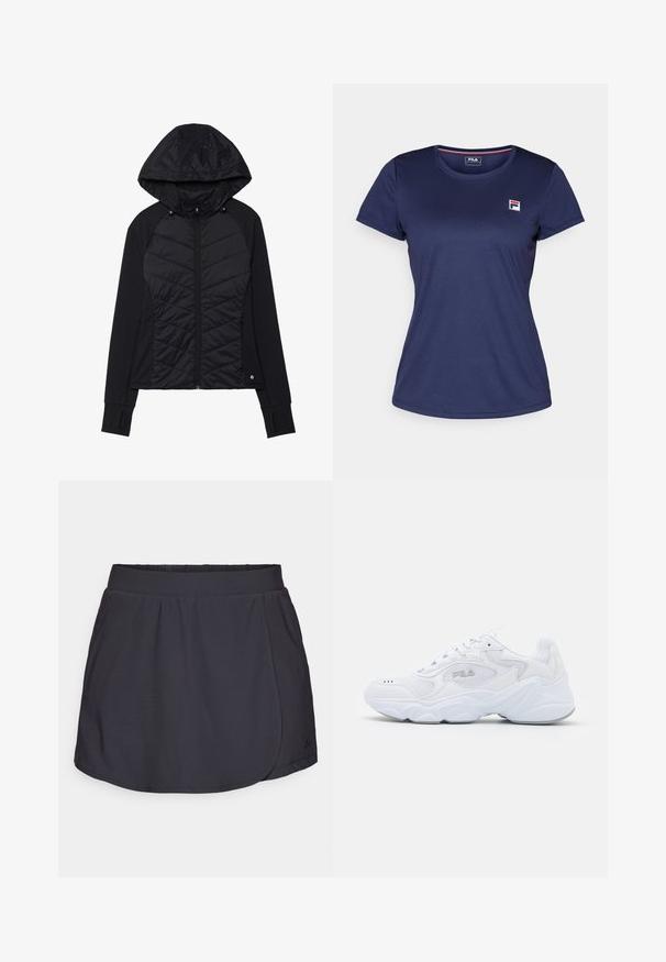 Musternõmber mustriga must jakk, millel on esipaneelil tepitud disain, pehme kangas, luku sulgemine ja nöppega kapuuts. sisaldab pöidlaharusid varrukatel.; Tumesinine lühikeste varrukatega T-särk, mis on valmistatud siledast kangast, väikese Fila logo jaotisega vasakul rinnakul. Ümar kaelus ja klassikaline lõige.; ONLY Play ONPTIP SKORT - Spordišortsid - black; Valge spordijalats tekstuuriga pealmise osaga, pehmendatud kraega ja paksu tallaga. Küljele on pandud logo ja see on kinnitatud paeltega.