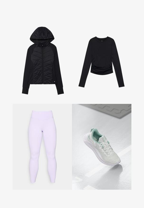 Svart jacka med en vadderad design fram, mjukt tyg, dragkedjestängning och en huva med tryckknappar. Inkluderar tumhål på ärmsluten.; Svart långärmad topp med rund halsringning och rynkad detaljer på sidorna, visad mot en enkel vit bakgrund.; Lila leggings med hög midja, tillverkade av ett stretchigt, slätt tyg. Figurnära design utan synliga mönster eller detaljer.; Ljust grå sportskor med en texturerad stickad ovandel, mintgröna detaljer, vita snören, gummisula och en dragflik på hälen.